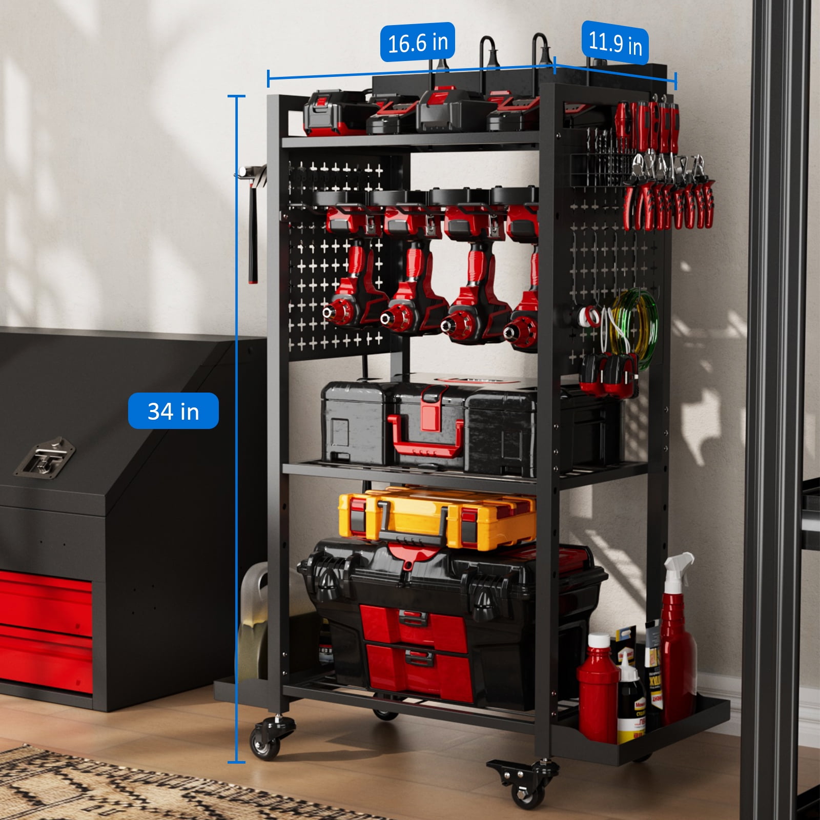 VDEVY Power Tool Organizer Cart with 8 Power Outlet & Adjustable Storage, Garage Workshop Tool Box Cart, Gifts for Men