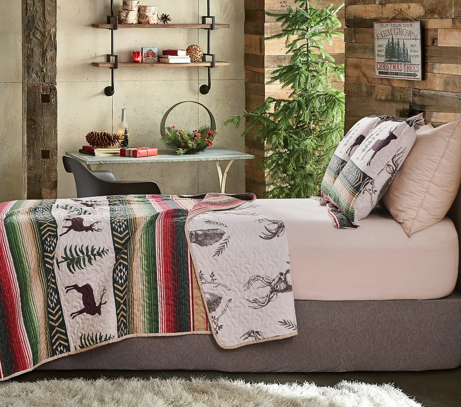 Beartech Quilt Set Queen Size Moose Bear Red Green Stripe Quilt Lightweight Reversible Microfiber Bedspread Coverlet Bedding Set