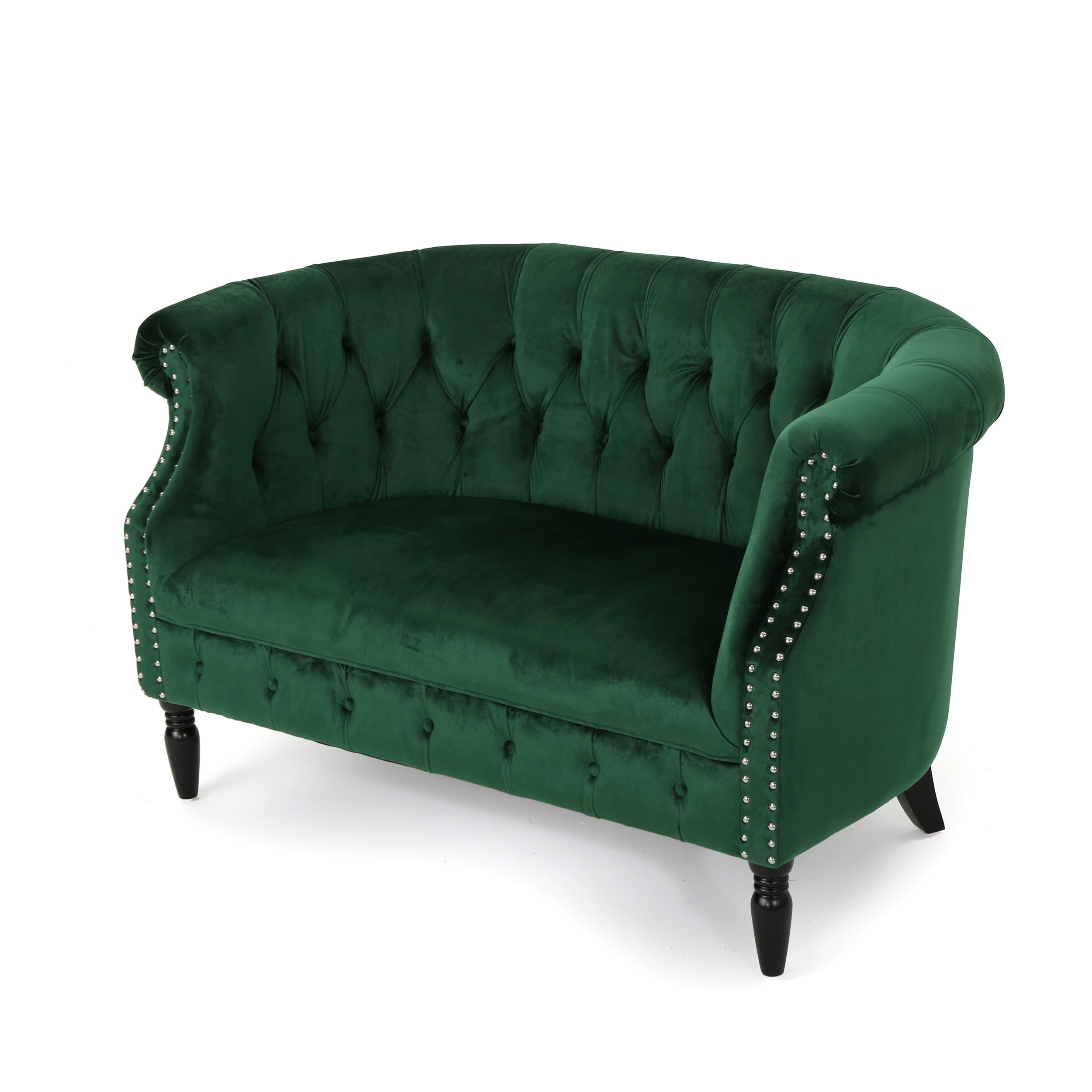 Noble House Myrna Button Tufted Velvet Loveseat, Emerald