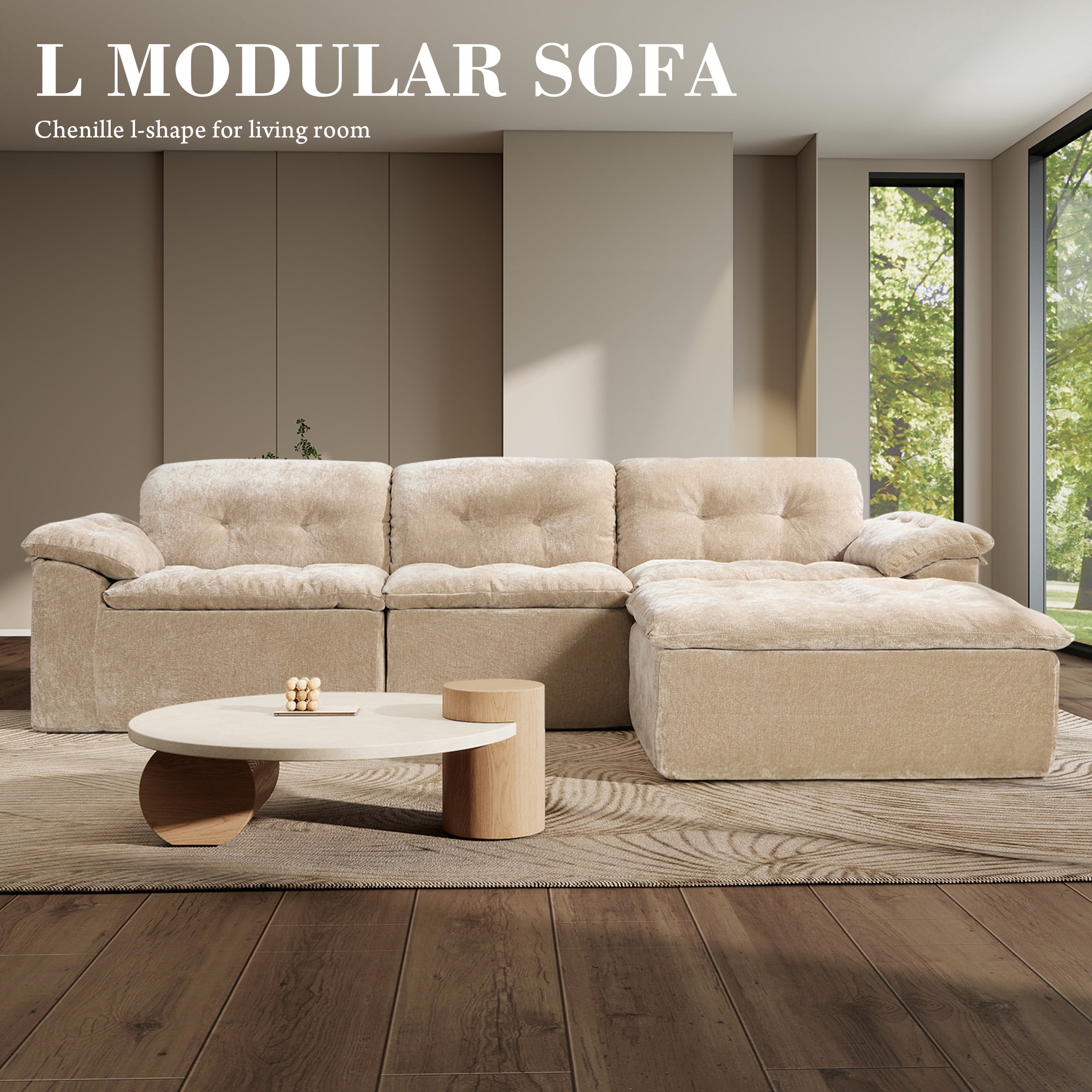 Aukfa 4-Piece L-Shaped Modular Sectional Sofa with Ottoman for Living Room, Ice Flower Chenille, Tam