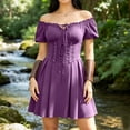 thumbnail image 2 of KICILVS Womens Witch Costumes Adult Plain Off Shoulder Short Sleeve Corset Lace Up Waist Pleated Mini Party Dress Purple, 2 of 7