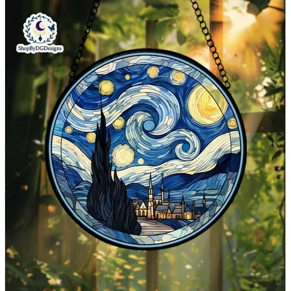 Starry Night Stained Glass Suncatcher, Van Gogh Acrylic Suncatcher, Gift for Art Lovers, Swirl Sky Window Decor, Impressionist Blue Art 4296990731
