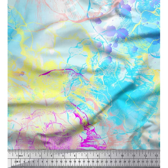 Soimoi Green Poly Georgette Fabric Flower Watercolor Decor Fabric Printed Yard 52 Inch Wide
