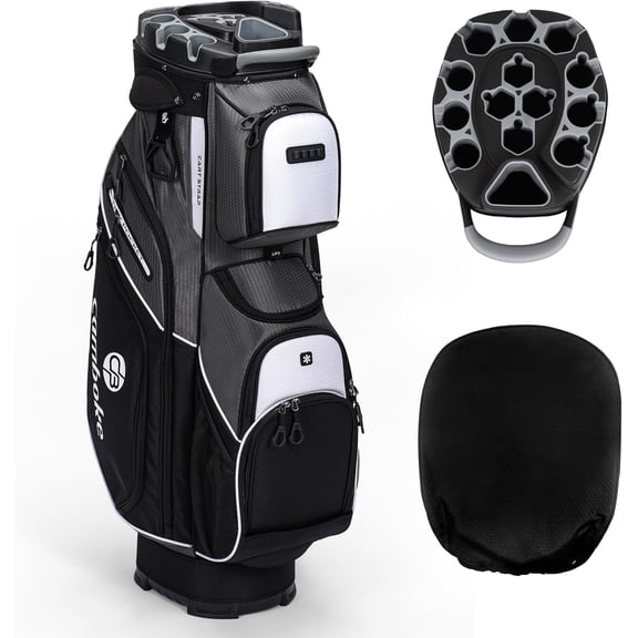 Silent Golf Cart Bag, Molded Lock Top Golf Bag with 14-Way Full-Length Dividers Large Capacity Cooler Pocket Padded Strap Golf Club Bag with Rain Hood for Trolley Players,grey