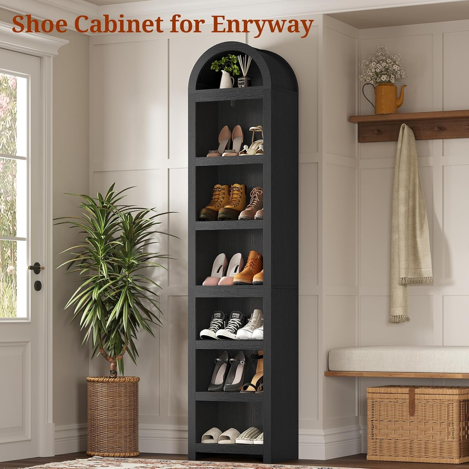 76" Tall Narrow Arched Bookcase, 7-Teir Mid-Century Modern Bookshelf with Adjustable Shelves for Living Room, Home Office, Black