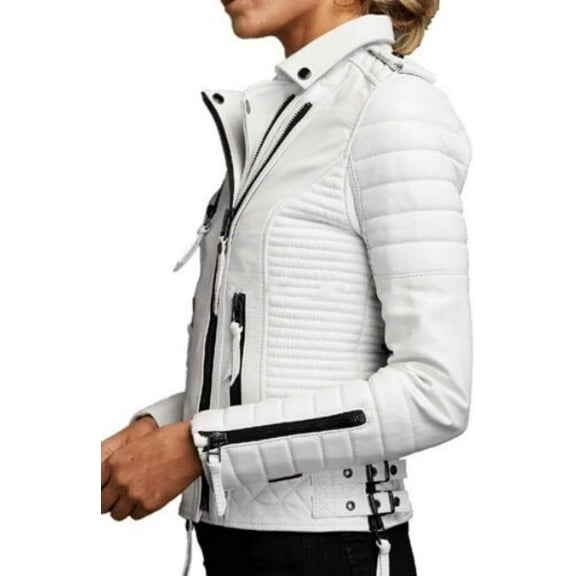 New Women's White Quilted Lambskin Leather Jacket Stylish Slim Fit Motorcycle Jacket W356