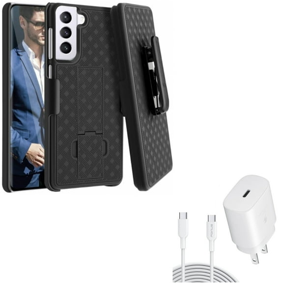 Case Belt Clip w 25W Fast Home Charger for Samsung Galaxy S21 Plus - Holster Swivel Cover, PD Type-C 6ft USB-C Cable