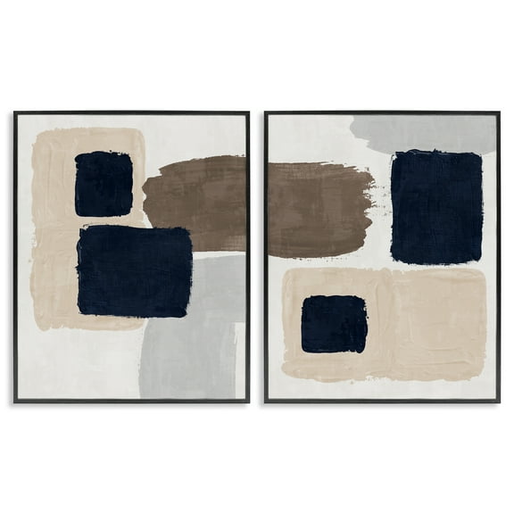 Stupell Industries Navy Brown Blocked Abstract Painting Black Framed Art Print Wall Art, 11 x 14, Set of 2