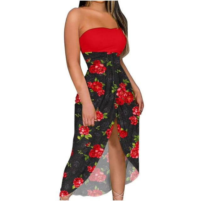 Robes d'Été Sans Bretelles Robe de Soirée de Plage Décontractée hors Épaule Ruffle Maxi Robes Longues