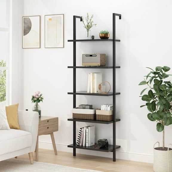 Zimtown 5-Shelf Wood Bookcase and Bookshelf, Wall Mounted Learning Ladder Display Rack, Black Finish