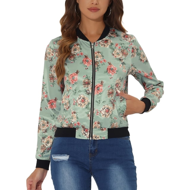 Chaqueta bomber para mujer Inspire Chic, corte slim, ligera, con cierre, talla XS, verde claro