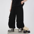 thumbnail image 3 of Krdevn Boys Solid Drawstring Wide Leg Parachute Pants Fall Summer Lightweight Windbreaker Trousers with Pockets 6-7 Years,Black, 3 of 5