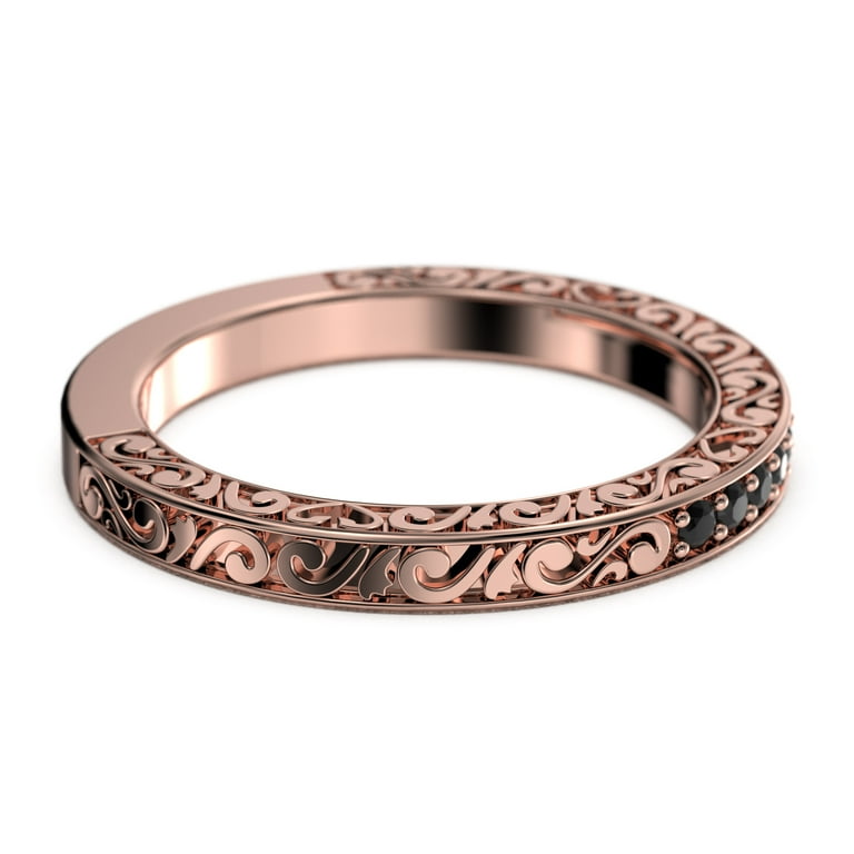 .10ct Delicate Antique Scroll Black Diamond Moissanite Wedding Band 18K Rose Gold Over Silver