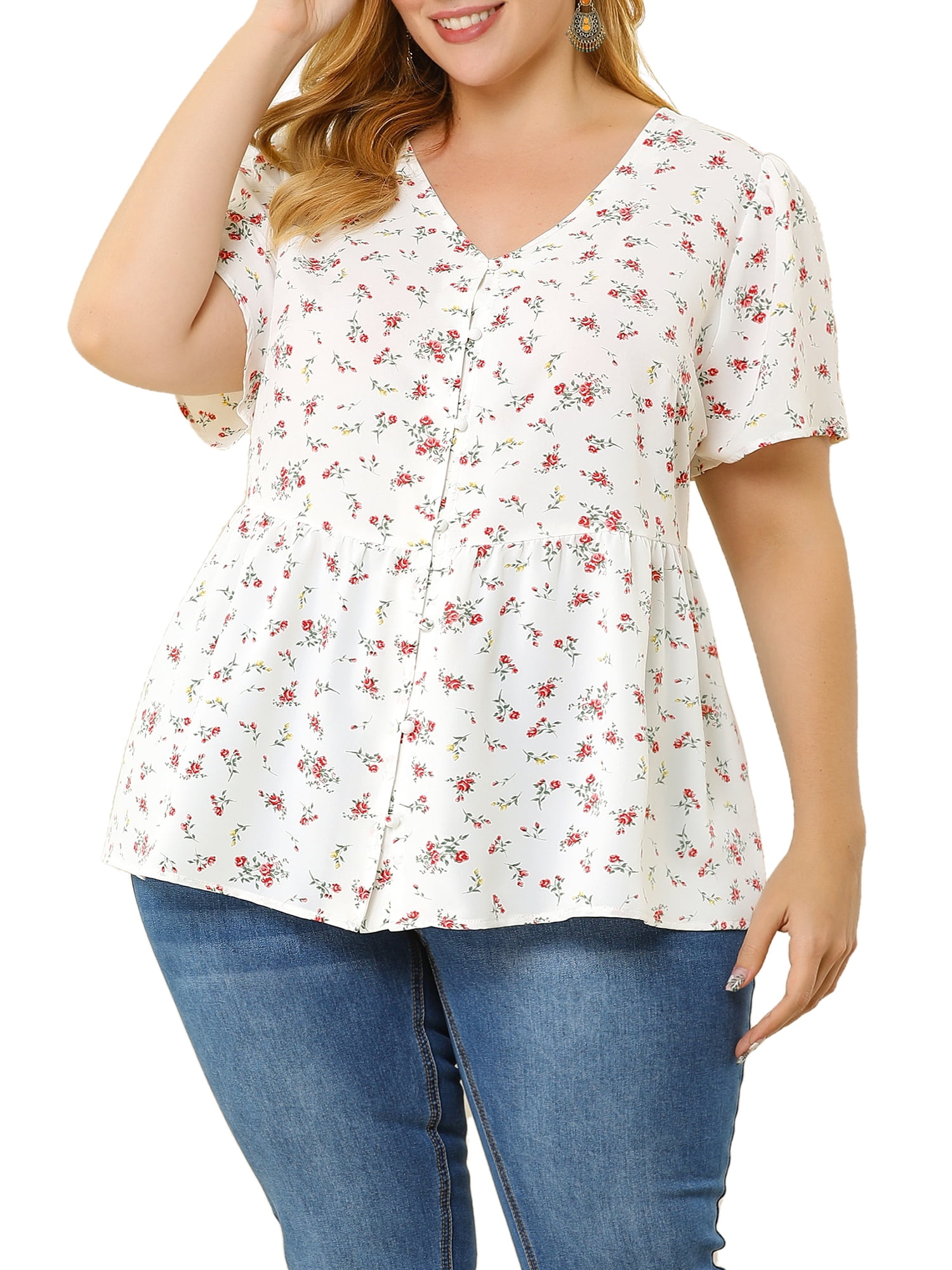 Unique Bargains Juniors' Plus Size V Neck Ruffle Hem Cinched Waist Floral Peplum Top 2X White