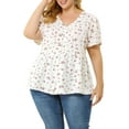 thumbnail image 5 of Unique Bargains Juniors' Plus Size V Neck Ruffle Hem Cinched Waist Floral Peplum Top 1X White, 5 of 7