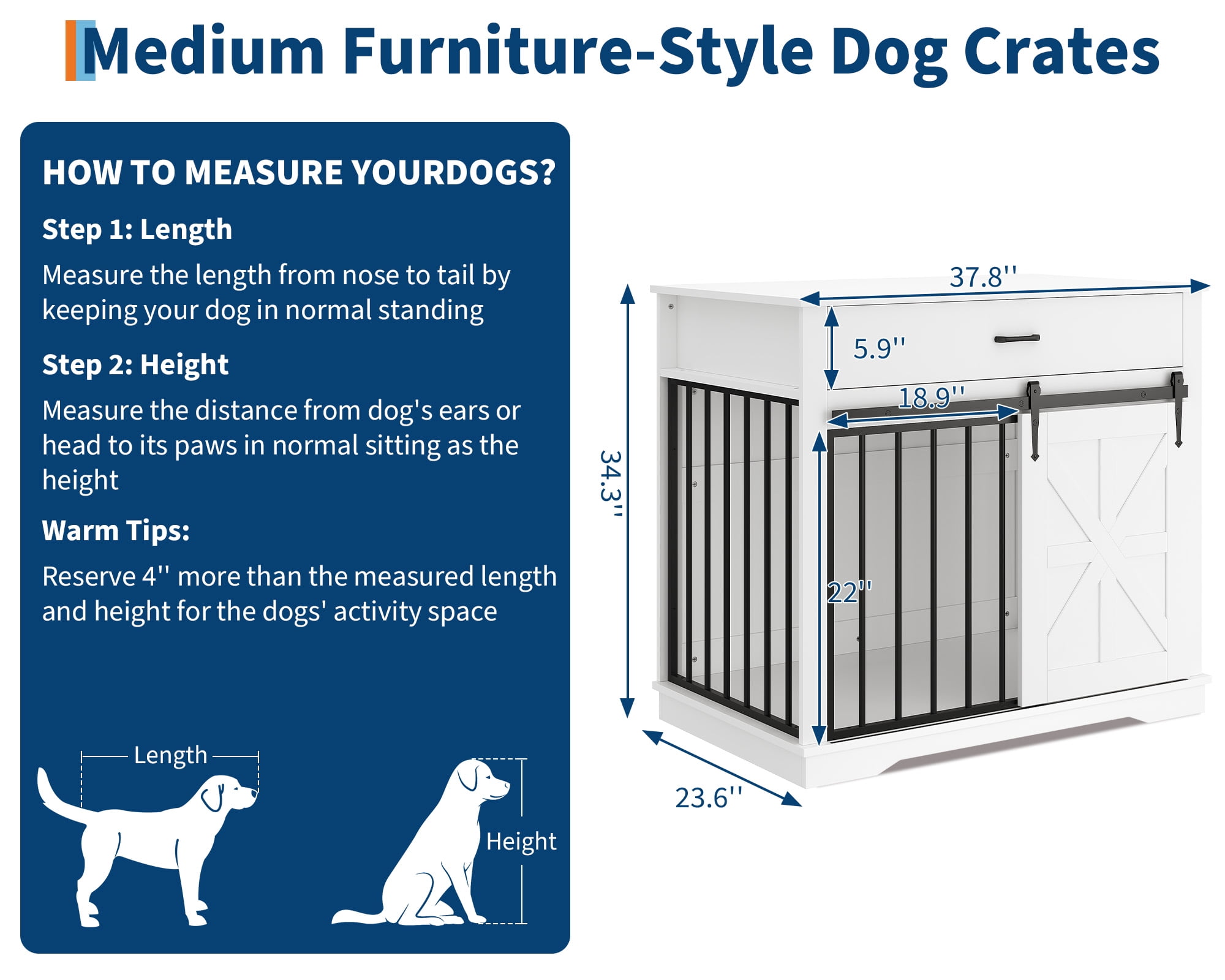 Ladcaser Dog Crate Furniture 37.8" Large Dog Kennel Indoor, Wooden Kennel Table, Indoor Dog House for Large/Medium/Small Dogs
