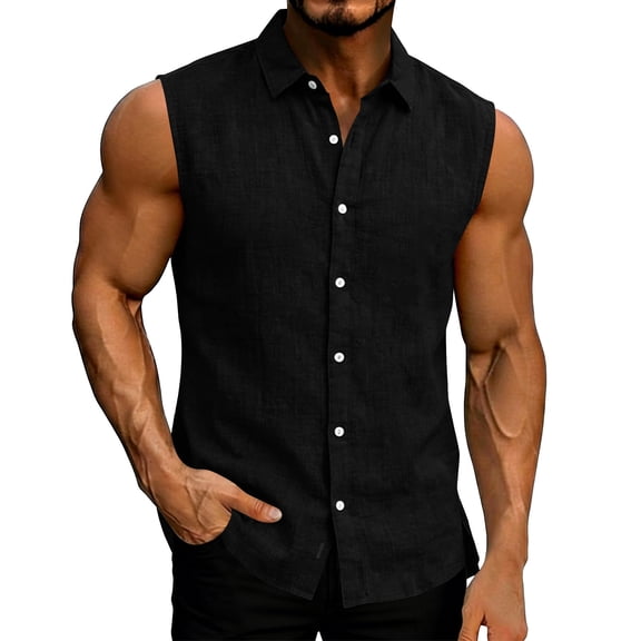 Kalauyu Men's Linen Sleeveless Shirts Button Down Beach Tank Top Basic Solid Shirt Vest with Pocket