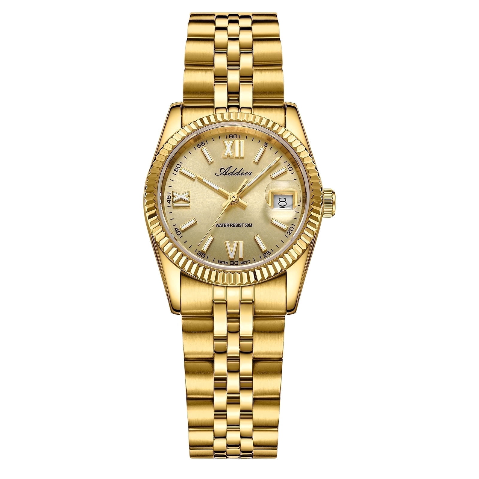 ADDIES Women's Swiss Quartz Watch 28mm Sapphire Crystal Stainless Steel Date Luminous 50M Water Resistant Luxury Dress Watch Gold