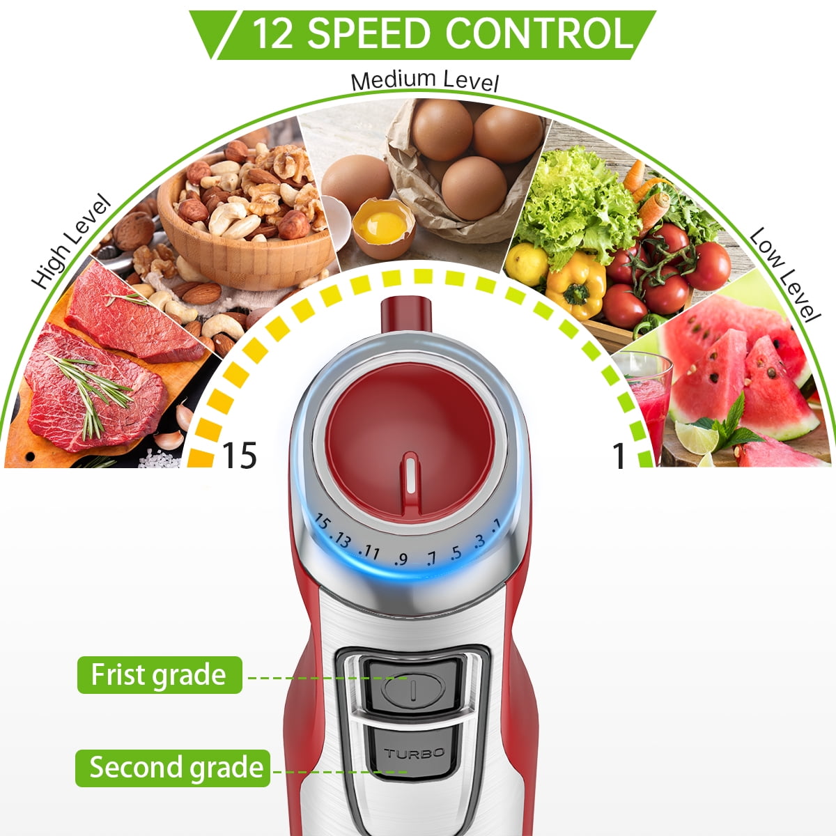 GPED Hand Blender, 5-in-1 Immersion Hand Blender,12 Speed Turbo Mode Stick Blender for Make Smoothie, Milk Shakes,Juice ,Sauces