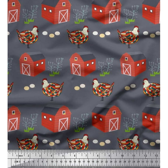 Soimoi Moss Georgette Fabric Hut,Egg & Hen Farm Decor Fabric Printed Yard 42 Inch Wide