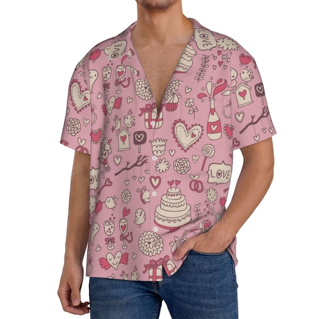 Fotbe Cute Love Camisa Estampada de Manga Corta para Hombre, Casual de Verano, Estilo Playero, Sin Arrugas-Medium