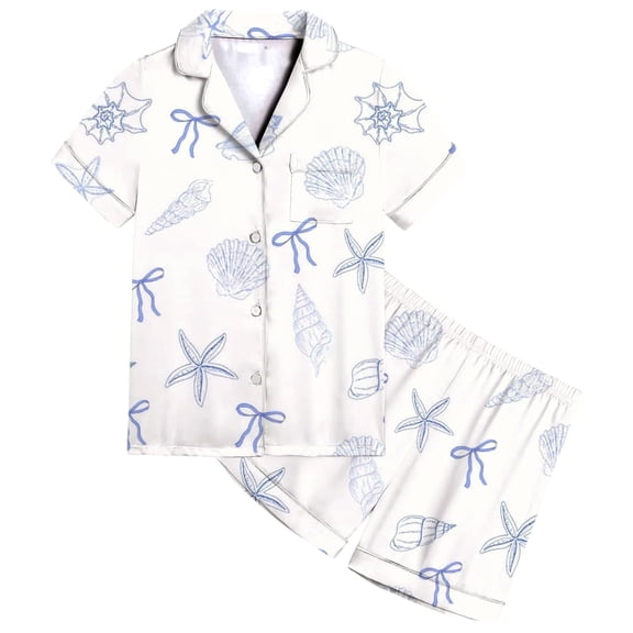 Rggeeun Baby Girl's Sleepwear 2Pc Child Girl's Cute Beach Themed Short Sleeve Loose Fit Button-Down Notched Collar Seashell Print Fall Winter Holidays Trendy Pjs,Blue,2-3 Years