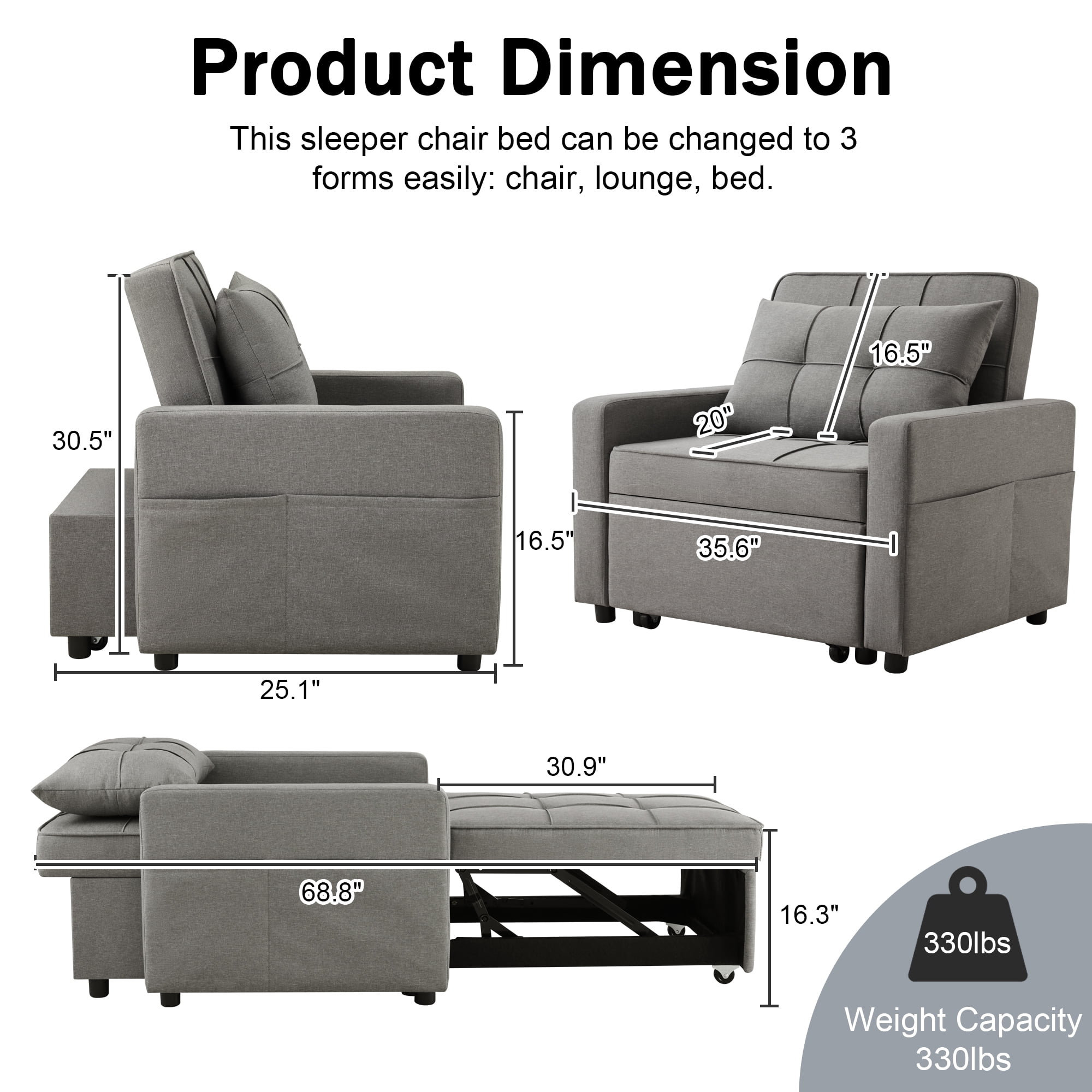 Gewnee 3-In-1 Folding Sofa Bed Chair, Convertible Sofa Bed and Office Chair, Adjustable Backrest Leisure Chair With Wheels & Handles, Fit For Small Spaces, Light Gray