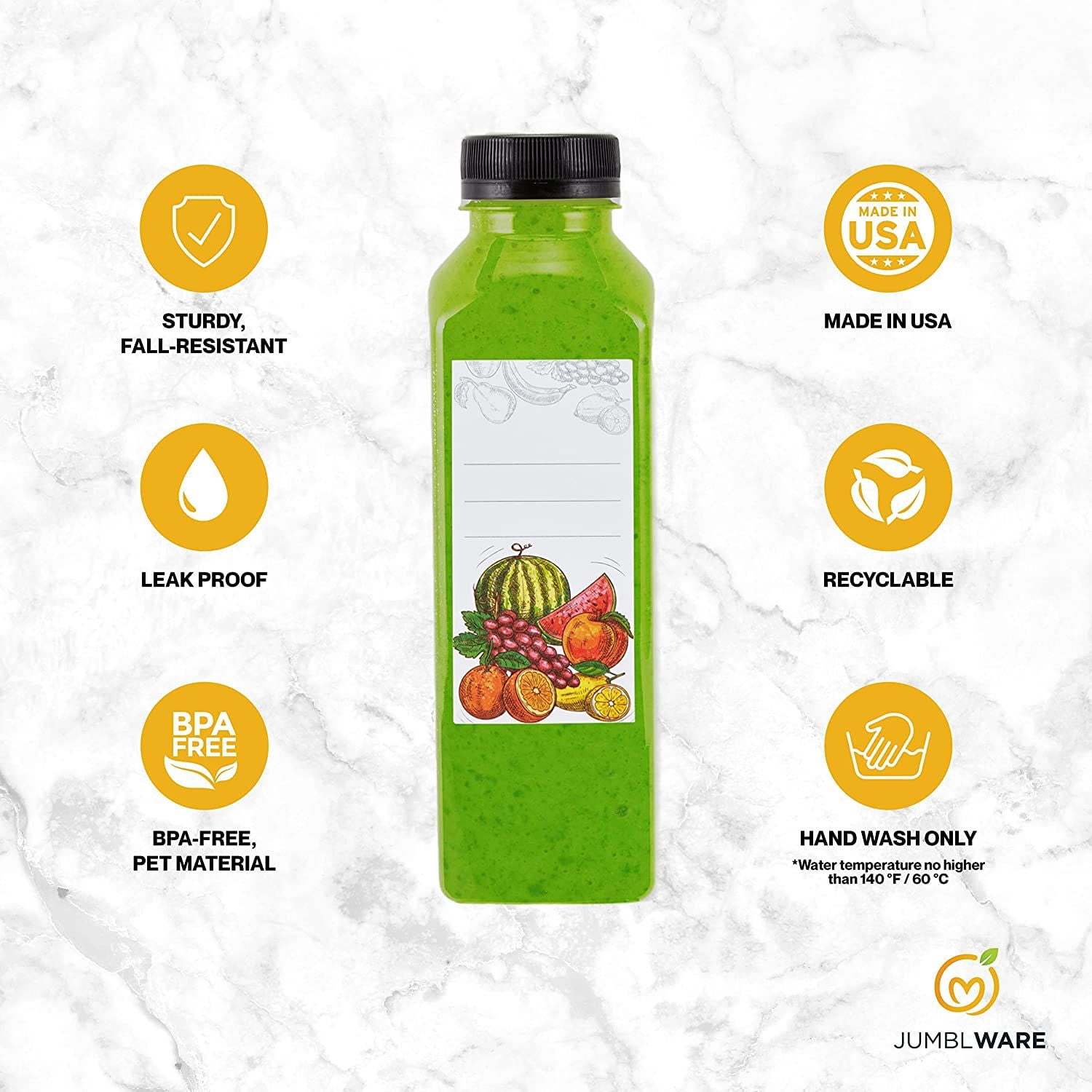 JumblWare Refillable Plastic Juice Bottles with Caps 16 fl oz, Pack of 20