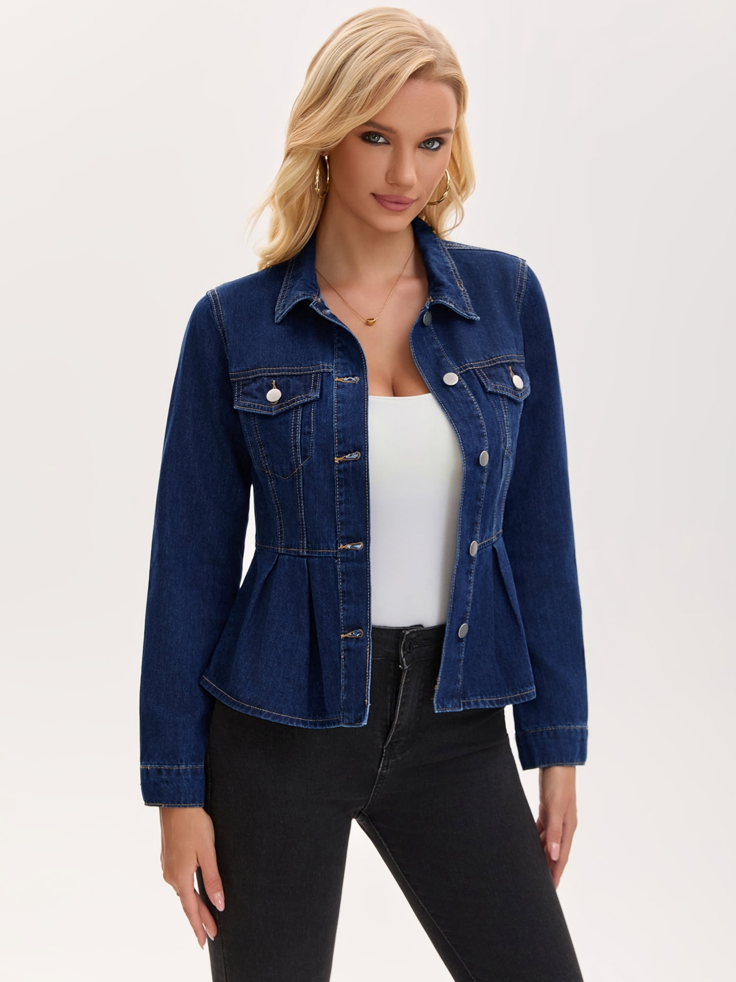DARING DIVA Women's Button Down Collar Ruffle Hem Peplum Jean Jacket S Dark Blue