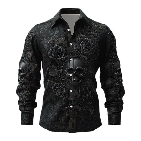 Shirts For Men Skeleton Flower Print Lapel Collar Button Down Halloween Short Sleeve Top Pattern Unpocketed Crew Neck Tee Casual Beach Summer Out Tops