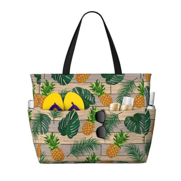 Gaeub Pineapples Palm Leaves Print Beach Bag,Large Tote Bag,Waterproof Sandproof Women Tote Bag,Pool Bag with Zipper for Gym Grocery Travel