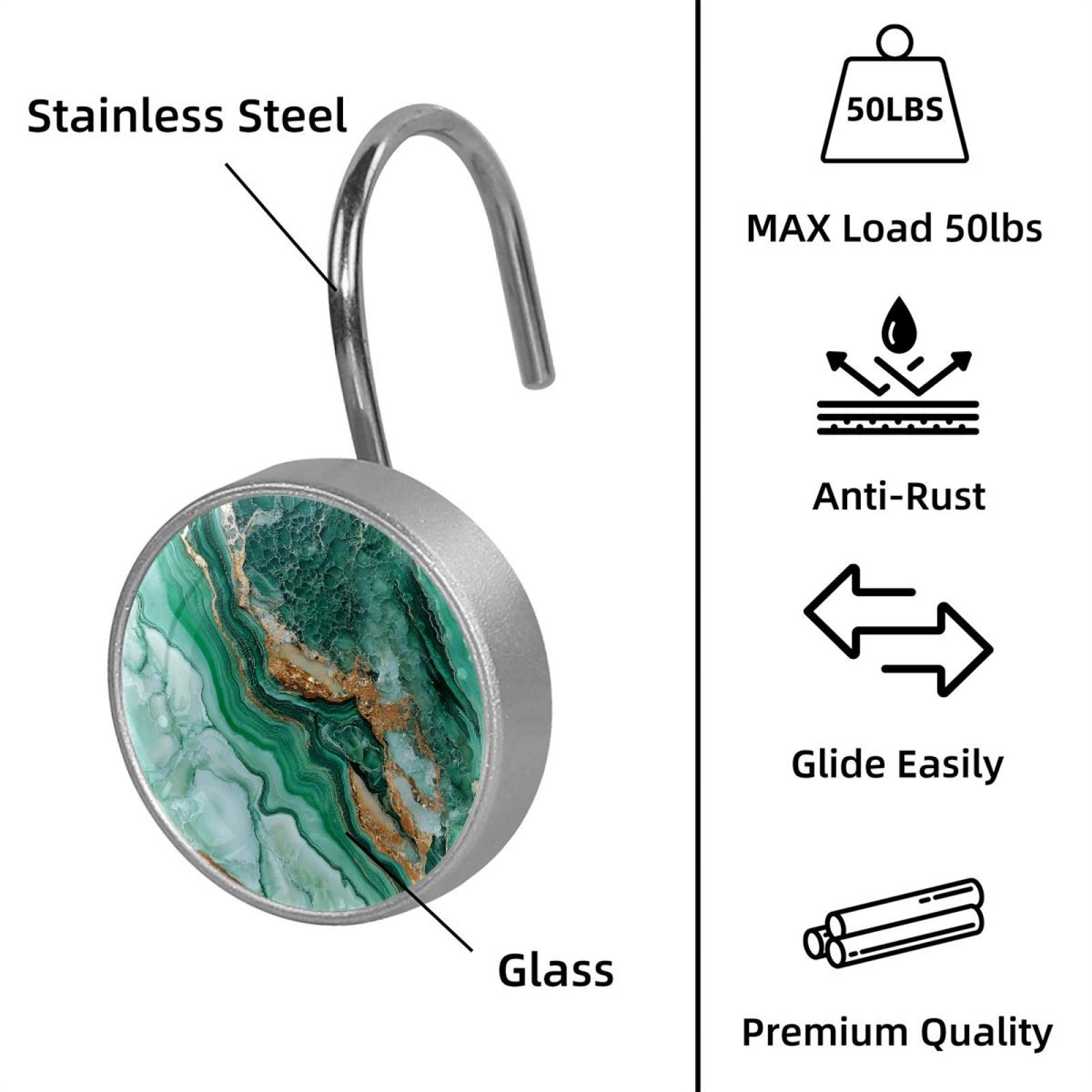 HemaKayy 12 Pcs Shower Curtain Hooks Bathroom Decorative Accessories Gold Foiled Emerald Marble