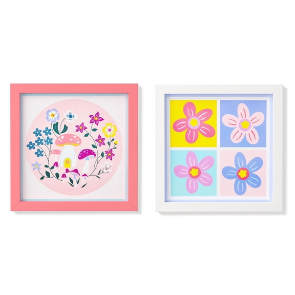 Mainstays Kids Flowers and Mushrooms 2-Piece Framed Wall Art Set