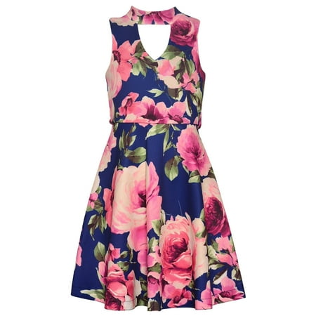 Bonnie Jean Girls Navy Pink Flower Print Mock Neck Sleeveless Dress ...