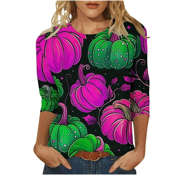 FAIWAD Halloween Plus Size Tops for Women Funny Ghost Pumpkin Print Pullover Ladies Fall T-Shirt 2024