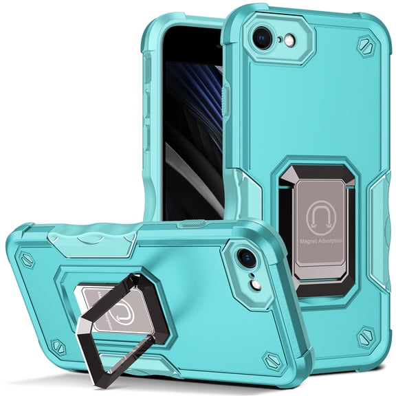 iPhone SE 2022 Case (3rd Gen)/iPhone SE 2020 Case/iPhone 8 Case/iPhone 7 Case, Ring Holder Stand Rugged Hybrid Heavy Duty Cover All-inclusive Phone Case for iPhone 4.7 inch, Mint