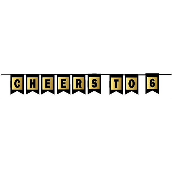Cheers 6th Brithday Anniversary Black & Mettalic Gold Handing Party Wall Decoration Bunting Banner