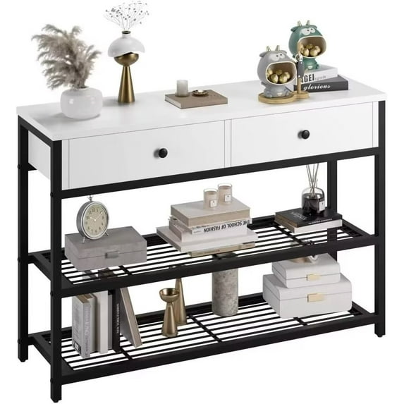 Console Table with 2 Drawers, 40 Inch Sofa Table with 3-Tier Storage Shelves, Vintage Hallway Foyer Table Entryway Table, White