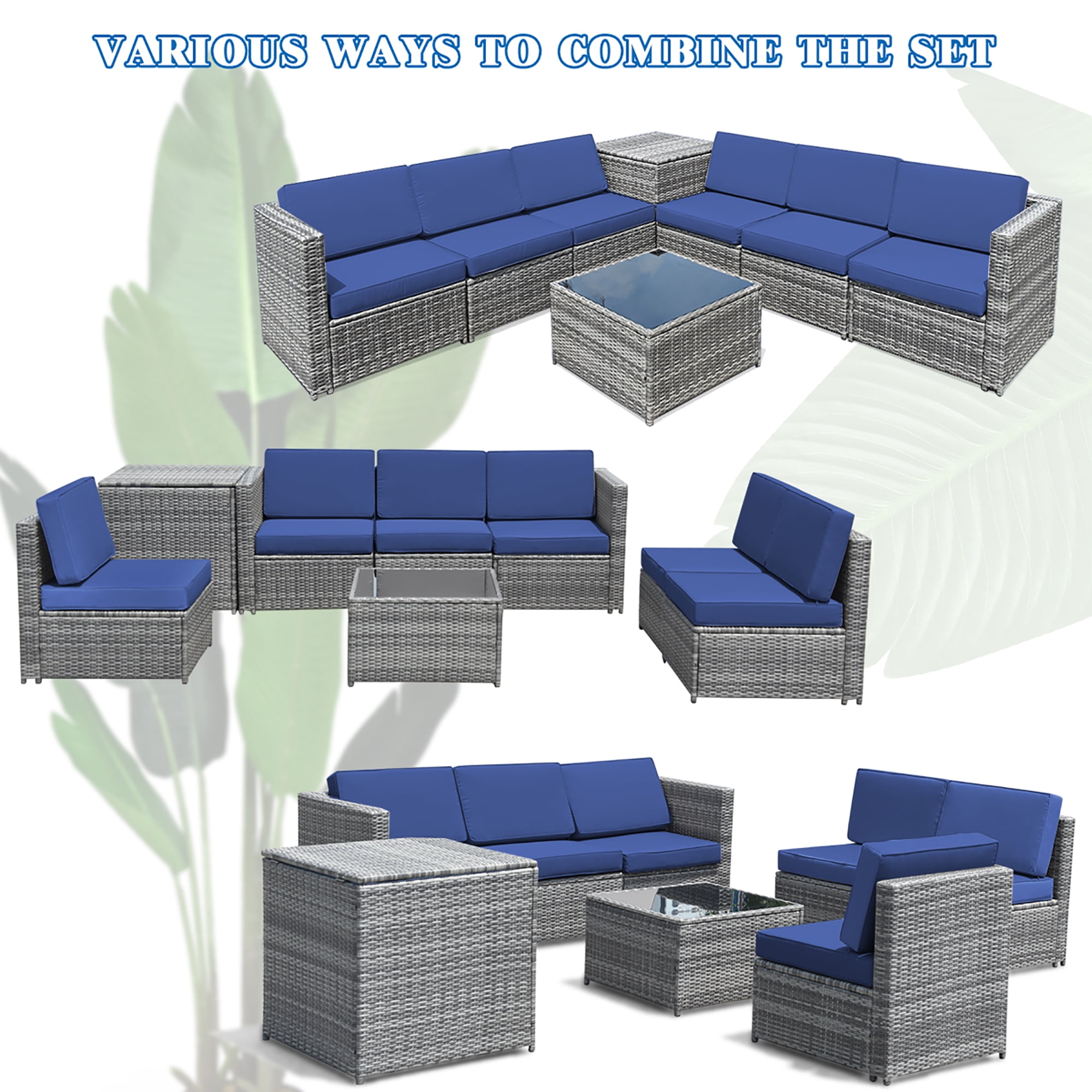 Costway 8 PCS Wicker Sofa Rattan Furniture Set Patio Furniture w/ Storage Table Navy