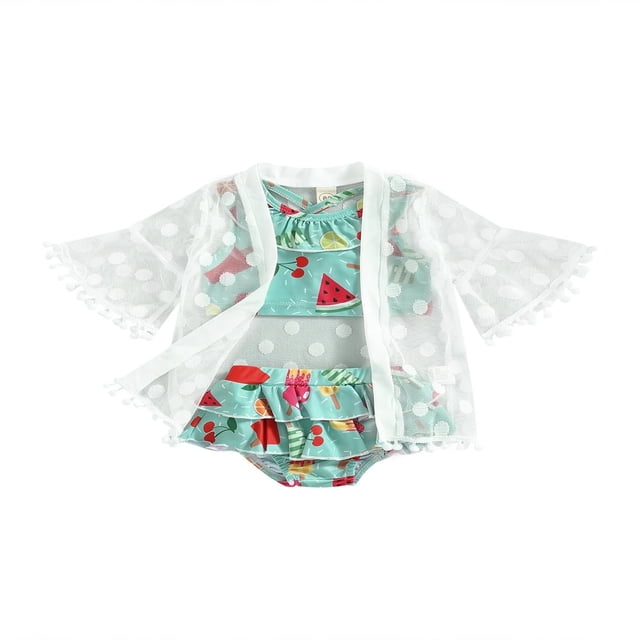 Baby Girls 3 Piece Swimsuits Watermelon Print Ruffled Tops Briefs and Tasseled Cover-up