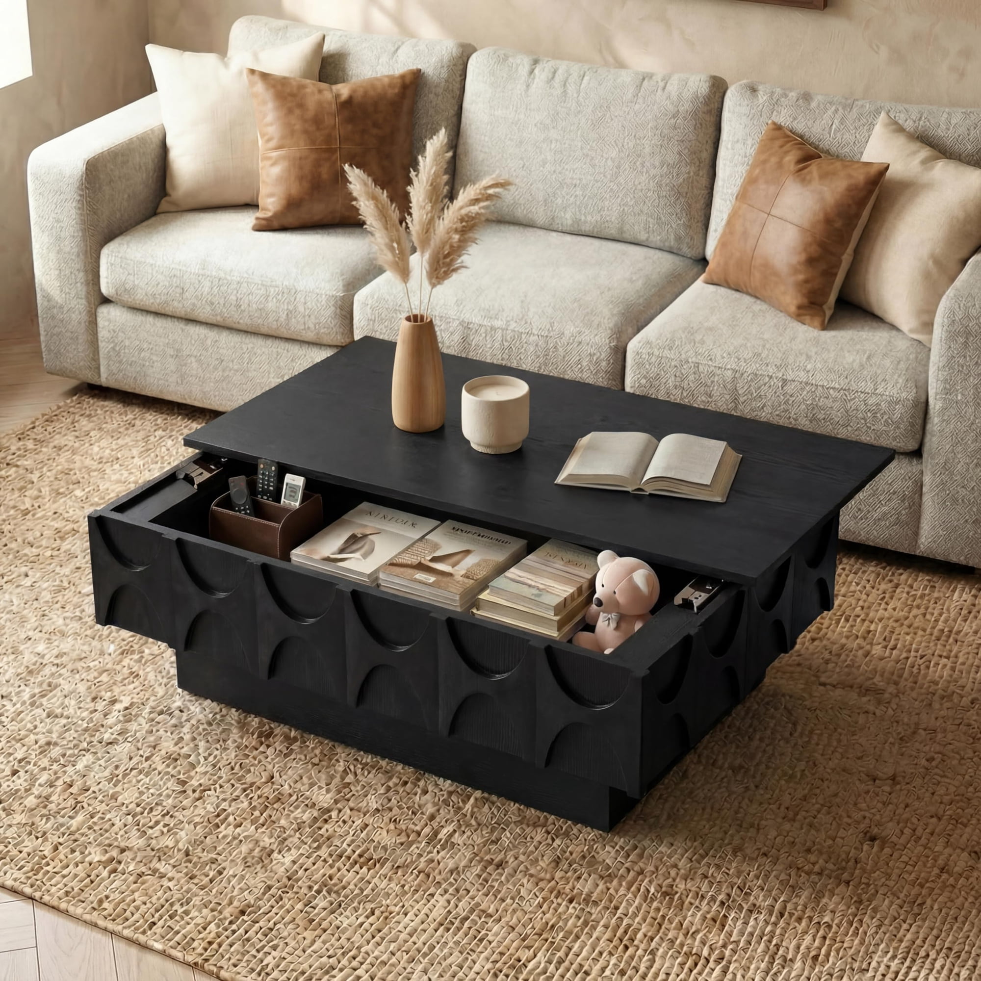 LKTART 38.6" Modern Coffee Table with Sliding Top & Hidden Storage, Solid Wood Veneer Mid Century Rectangle Center Table for Living Room Home Office, Black