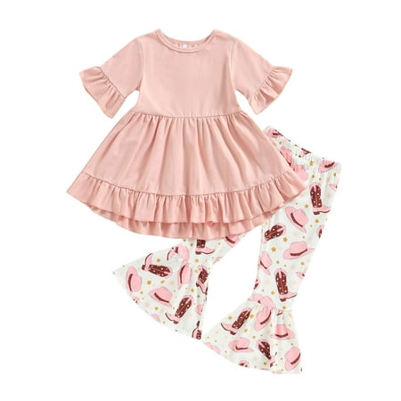 

Woshilaocai Toddler Kids Girls Outfit Solid Color Short Sleeve Crew Neck Tops Floral Boots Cattle Print Flare Pants 2Pcs Suit