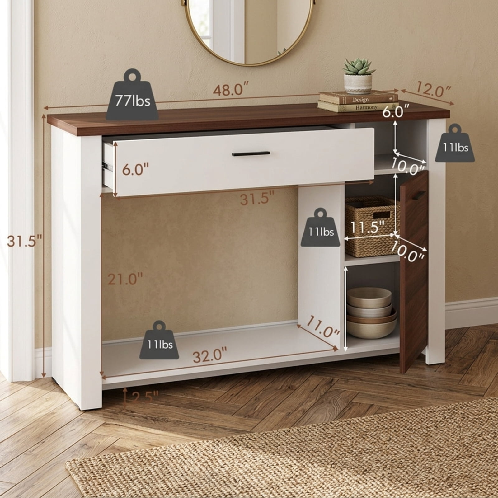 Furnibear 48 Inch Console Table with Drawer Cabinet and Storage Shelf Sofa Table for Entryway Living Room Hallway, White
