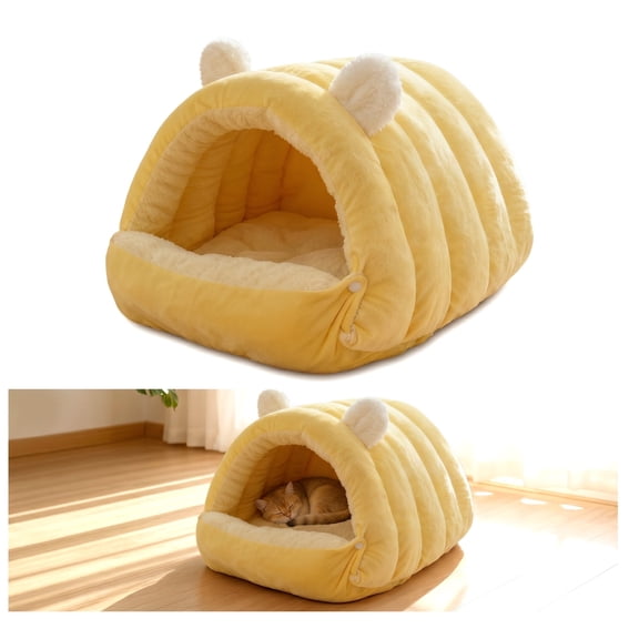 Renyuanyuan Warm Cozy Plush Semi-Enclosed Igloo Pet Bed with 3D Ears, for Small Dogs & Cats, Soft Washable, Creamy Yellow, 11.81x16.54x12.6in