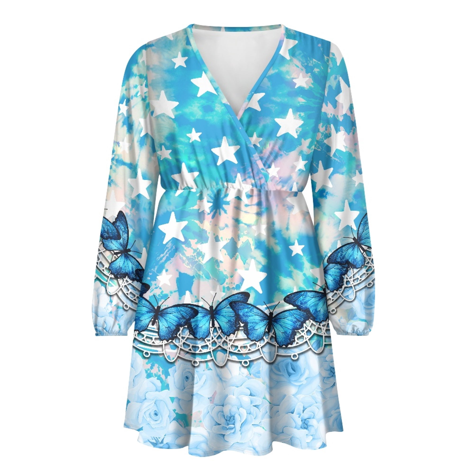 Yuyamidu Blue Butterfly Long Sleeve Dresses for Women Girls Flower A-Line Swing Flared Casual Party Dress Size XL Fashion V-Neck Midi Dress for Fall Winter