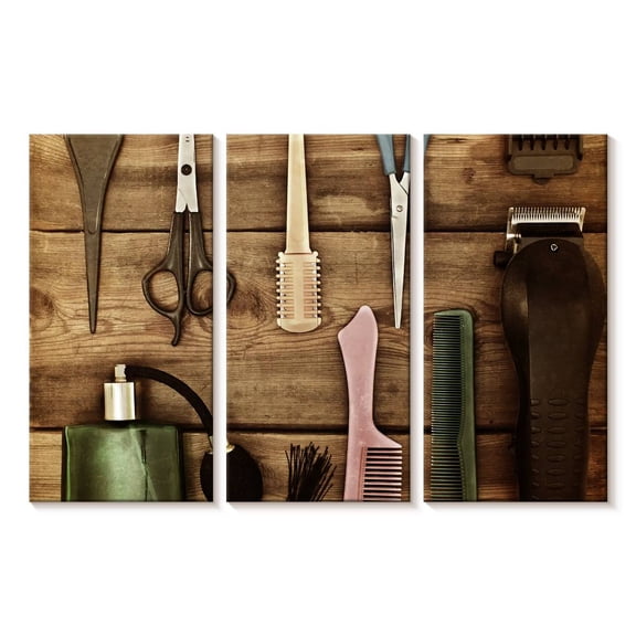 Elephant Stock Barber Hairdressing Tools Wall Art - Horizontal Multi Panel Canvas - Living Room Wall Decor - Fashion And Beauty Multi Panel - Brown And Green Decor - 23" x 14"