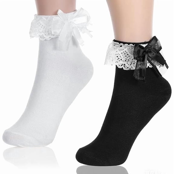 Eryueer 2 Pairs Women Ruffle Socks Ruffle Ankle Socks, Ruffled Socks for Women, Frilly White Black Lace with Ruffles Cotton Princess