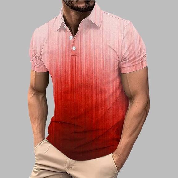 Men's Casual Shirts Gradient Summer Short Sleeve Contrast Collar Buttoned Tee Polo Shirt with Pocket Business Shirts Red XL