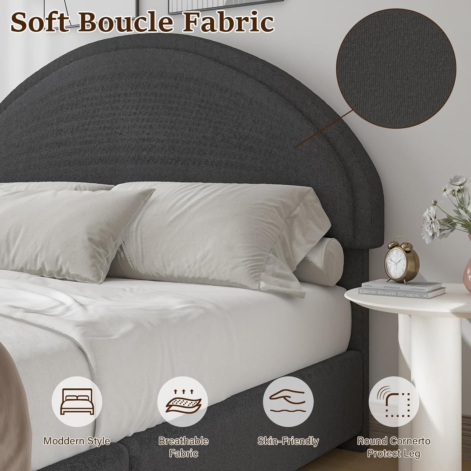 4 EVER WINNER Full Size Bed Frame, Boucle Upholstered Bed Frame with Headboard, Gray Full Bed Frame, Dark Gray