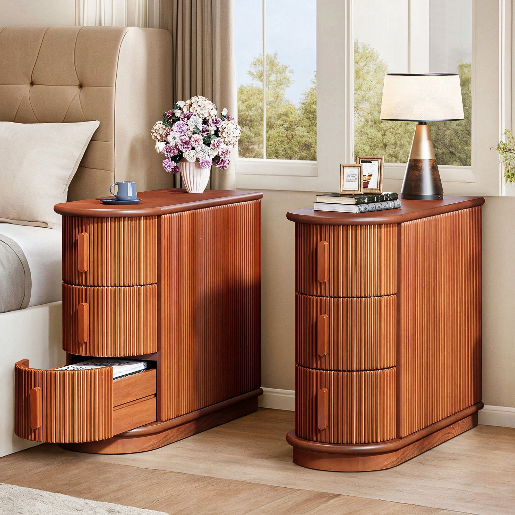 Demi Bonn Narrow Side Table with 3 Drawers, Wood Side End Table, Nightstand and Bedside Table with Storage, for Small Spaces, Brown